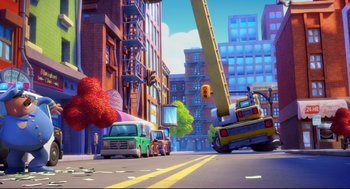 Movie still from “Captain Underpants: The First Epic Movie” (2017), directed by David Soren – An illustration of a street scene with cars and a crane in the background; Extreme Wide shot, Low angle