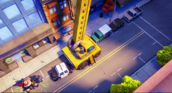 Movie still from “Captain Underpants: The First Epic Movie” (2017), directed by David Soren – An overhead view of a construction crane in a city; Extreme Wide shot, High angle