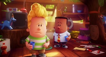 Movie still from “Captain Underpants: The First Epic Movie” (2017), directed by David Soren – A couple of people that are standing next to each other; Medium shot, Over the shoulder angle