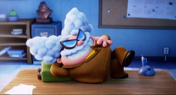 Movie still from “Captain Underpants: The First Epic Movie” (2017), directed by David Soren – A cartoon of a man sitting on the floor; Wide shot, High angle