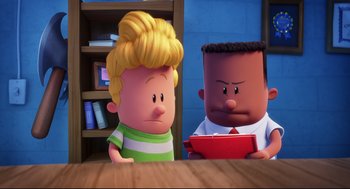 Movie still from “Captain Underpants: The First Epic Movie” (2017), directed by David Soren – A couple of people that are sitting at a table; Medium shot, Over the shoulder angle