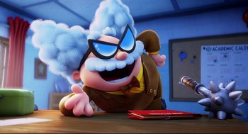 Movie still from “Captain Underpants: The First Epic Movie” (2017), directed by David Soren – A cartoon character is sitting on a table; Medium shot, Over the shoulder angle