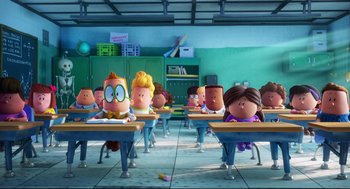 Movie still from “Captain Underpants: The First Epic Movie” (2017), directed by David Soren – A group of kids sitting at desks in a class room; Extreme Wide shot, High angle