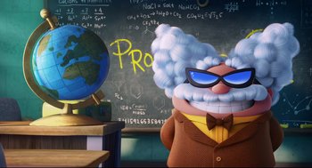 Movie still from “Captain Underpants: The First Epic Movie” (2017), directed by David Soren – An animated character in front of a chalkboard; Wide shot, Over the shoulder angle