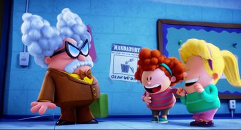 Movie still from “Captain Underpants: The First Epic Movie” (2017), directed by David Soren – A scene of a cartoon with a man and a woman; Wide shot, Over the shoulder angle