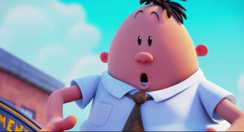 Movie still from “Captain Underpants: The First Epic Movie” (2017), directed by David Soren – A cartoon character with a surprised look on his face; Close Up shot, Low angle
