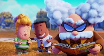Movie still from “Captain Underpants: The First Epic Movie” (2017), directed by David Soren – A group of cartoon characters standing next to each other in a field; Wide shot, Over the shoulder angle