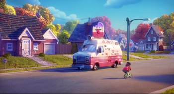 Movie still from “Captain Underpants: The First Epic Movie” (2017), directed by David Soren – An ice - cream truck is parked on the side of the road; Extreme Wide shot, High angle