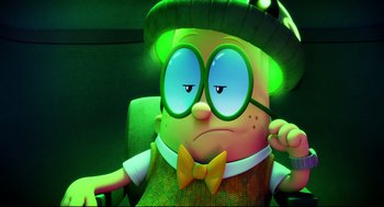 Movie still from “Captain Underpants: The First Epic Movie” (2017), directed by David Soren – A cartoon character with glasses; Close Up shot, Low angle