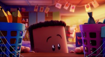 Movie still from “Captain Underpants: The First Epic Movie” (2017), directed by David Soren – A character's face in a room; Medium shot, Over the shoulder angle