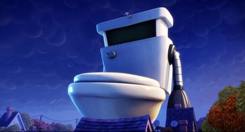 Movie still from “Captain Underpants: The First Epic Movie” (2017), directed by David Soren – An animated toilet with a plunger attached to the side of it; Extreme Wide shot, Low angle