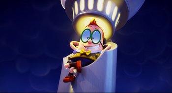 Movie still from “Captain Underpants: The First Epic Movie” (2017), directed by David Soren – An animated character is sitting in a chair; Wide shot, Low angle