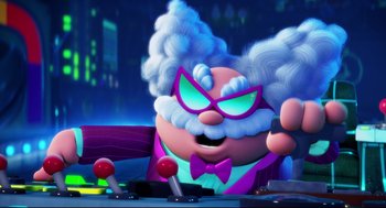 Movie still from “Captain Underpants: The First Epic Movie” (2017), directed by David Soren – A character in a cartoon setting; Medium shot, Low angle