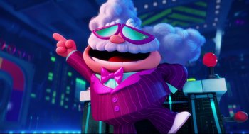 Movie still from “Captain Underpants: The First Epic Movie” (2017), directed by David Soren – A cartoon character in a purple suit and sunglasses; Wide shot, Low angle