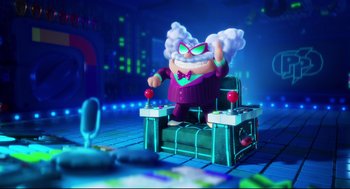 Movie still from “Captain Underpants: The First Epic Movie” (2017), directed by David Soren – A cartoon character sitting on a chair in a room with neon lights; Wide shot, Low angle