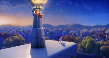 Movie still from “Captain Underpants: The First Epic Movie” (2017), directed by David Soren – An animated scene of a person falling off of a lamp post; Extreme Wide shot, High angle
