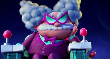 Movie still from “Captain Underpants: The First Epic Movie” (2017), directed by David Soren – An image of an animated character in a purple suit; Medium shot, Low angle