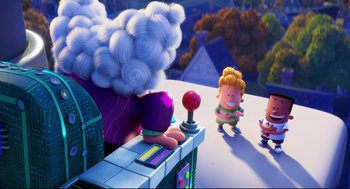 Movie still from “Captain Underpants: The First Epic Movie” (2017), directed by David Soren – A scene from the movie the peanuts movie; Wide shot, Over the shoulder angle