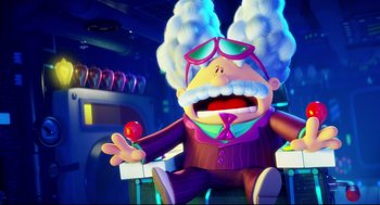 Movie still from “Captain Underpants: The First Epic Movie” (2017), directed by David Soren – An animated character is holding an apple in his hand; Wide shot, Over the shoulder angle