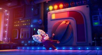 Movie still from “Captain Underpants: The First Epic Movie” (2017), directed by David Soren – An animated character in a purple suit and white beard is pulling a button; Extreme Wide shot, High angle