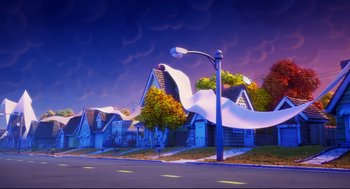 Movie still from “Captain Underpants: The First Epic Movie” (2017), directed by David Soren – A street light sitting on the side of a road; Extreme Wide shot, Low angle