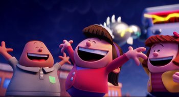 Movie still from “Captain Underpants: The First Epic Movie” (2017), directed by David Soren – A cartoon of a girl and a man; Medium shot, Low angle