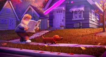 Movie still from “Captain Underpants: The First Epic Movie” (2017), directed by David Soren – A dog is running in front of a woman reading a book; Wide shot, Over the shoulder angle