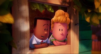 Movie still from “Captain Underpants: The First Epic Movie” (2017), directed by David Soren – A couple of people that are sitting next to each other; Medium shot, Over the shoulder angle