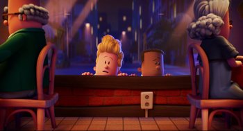 Movie still from “Captain Underpants: The First Epic Movie” (2017), directed by David Soren – A couple of people that are in a room; Wide shot, Over the shoulder angle