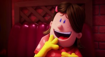 Movie still from “Captain Underpants: The First Epic Movie” (2017), directed by David Soren – A cartoon of a girl with a big smile on her face; Close Up shot, Over the shoulder angle