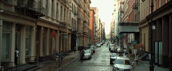 Movie still from “This Is Where I Leave You” (2014), directed by Shawn Levy – A city street filled with lots of parked cars; Extreme Wide shot, High angle