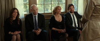 Movie still from “This Is Where I Leave You” (2014), directed by Shawn Levy – A group of people sitting next to each other in front of a window; Medium shot, Over the shoulder angle