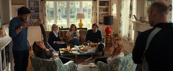 Movie still from “This Is Where I Leave You” (2014), directed by Shawn Levy – A group of people sitting around a living room; Wide shot, High angle