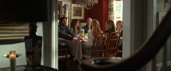 Movie still from “This Is Where I Leave You” (2014), directed by Shawn Levy – A group of people sitting around a table drinking beer; Wide shot, Over the shoulder angle