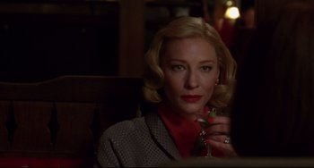 Movie still from “Carol” (2015), directed by Todd Haynes – Cate blanchett in the film the house with a clock in its walls; Close Up shot, Over the shoulder angle