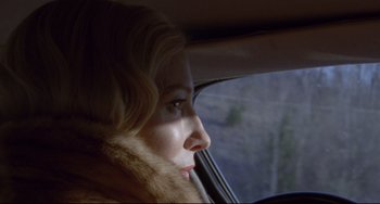 Movie still from “Carol” (2015), directed by Todd Haynes – A woman in a fur coat looking out a car window; Close Up shot, Over the shoulder angle