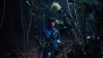 Movie still from “Copenhagen Cowboy” (2022), created by Nicolas Winding Refn – A woman in a blue dress standing in a forest; Medium shot, High angle
