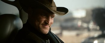 Movie still from “Zombieland” (2009), directed by Ruben Fleischer – A person wearing a cowboy hat; Close Up shot, Low angle