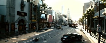Movie still from “Zombieland” (2009), directed by Ruben Fleischer – A city street filled with lots of traffic and buildings; Extreme Wide shot, High angle