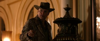 Movie still from “Zombieland” (2009), directed by Ruben Fleischer – A man wearing a hat and a jacket; Medium shot, Over the shoulder angle