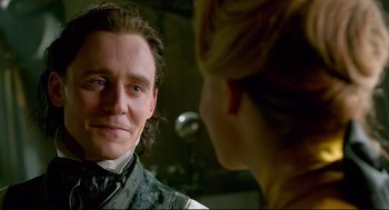 Movie still from “Crimson Peak” (2015), directed by Guillermo del Toro – A person talking to another person; Close Up shot, Over the shoulder angle