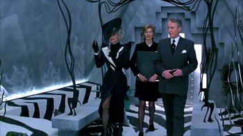 Movie still from “101 Dalmatians” (1996), directed by Stephen Herek – A group of people standing next to each other in a room; Medium shot, Low angle