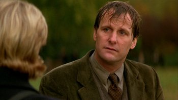 Movie still from “101 Dalmatians” (1996), directed by Stephen Herek – A person wearing a suit and tie; Close Up shot, Over the shoulder angle