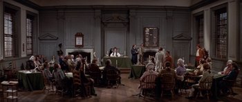 Movie still from “1776” (1972), directed by Peter H. Hunt – A group of people sitting around a room; Extreme Wide shot, High angle