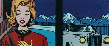 Movie still from “2 or 3 Things I Know About Her” (1967), directed by Jean-Luc Godard – A woman's face in front of mountains; Extreme Close Up shot, Low angle