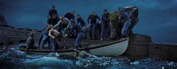 Movie still from “20,000 Leagues Under the Sea” (1954), directed by Richard Fleischer – A group of men on a boat in the water; Wide shot, High angle