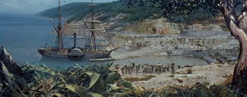 Movie still from “20,000 Leagues Under the Sea” (1954), directed by Richard Fleischer – A painting of a boat in a body of water; Extreme Wide shot, High angle