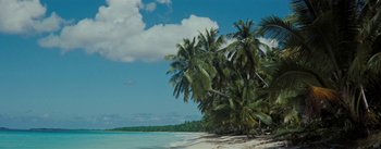 Movie still from “20,000 Leagues Under the Sea” (1954), directed by Richard Fleischer – A view of a beach with palm trees in the background; Extreme Wide shot, High angle