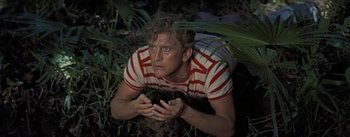 Movie still from “20,000 Leagues Under the Sea” (1954), directed by Richard Fleischer – A man in striped shirt holding a black bird; Medium shot, High angle