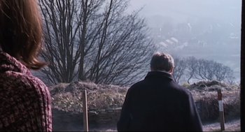 Movie still from “24 Hour Party People” (2002), directed by Tom Bruggen – An older man standing on a hill looking out at the trees; Wide shot, High angle